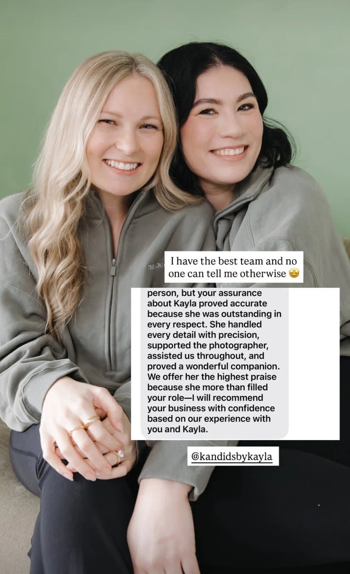 Gabby and Kayla smiling together with a client message: your assurance about Kayla proved accurate because she was outstanding in every respect. I will recommend your business with confidence